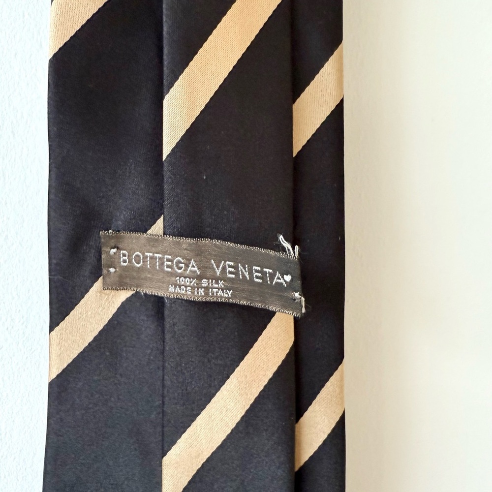 Bottega Veneta Silk Neck Tie Black & Light Gold Diagonal Stripes (3.75" Width)